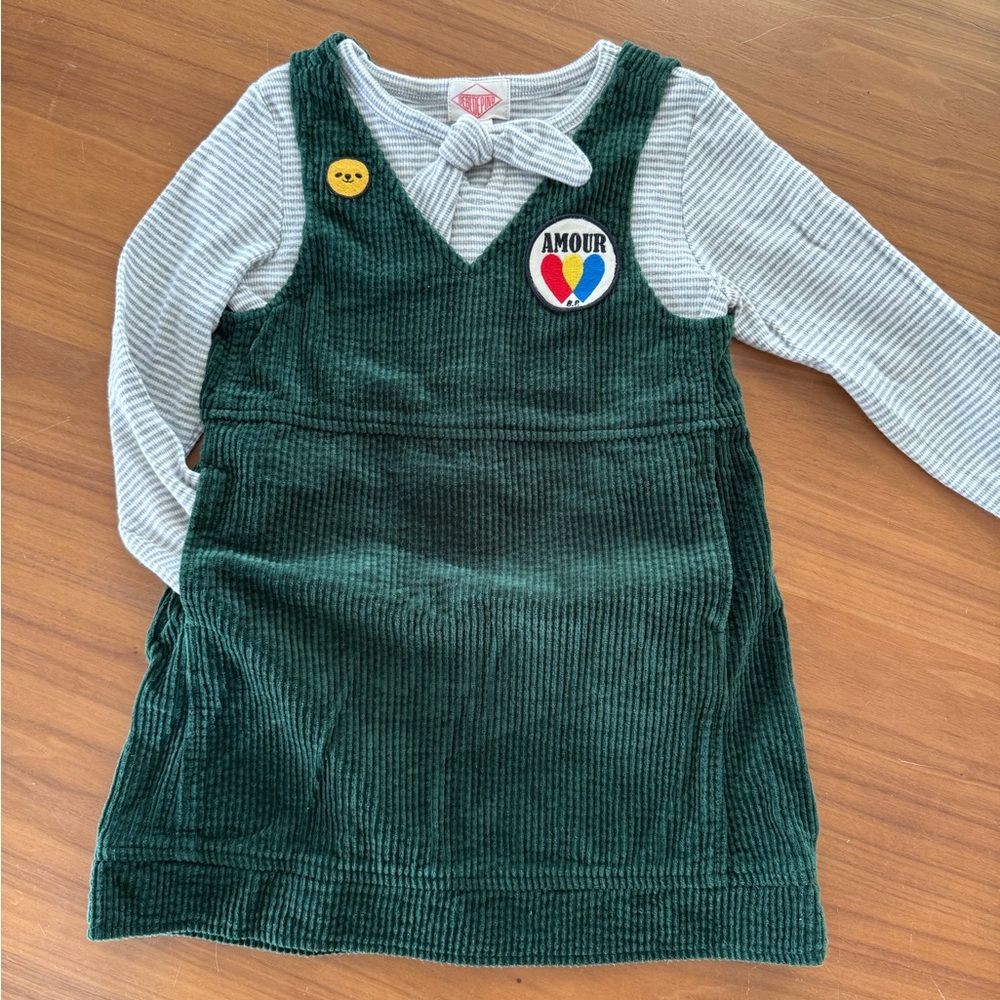 Green Corduroy Pinafore Dress with Striped Shirt